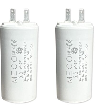 Lot de 2 – Condensateurs 3,5 µF V2 – Pour moteur de volet roulant ou store – Compatible SOMFY, SIMU, NICE – 2 fils avec connecteur – Fond plat – 450V – Fiabilité renforcée (1/4)