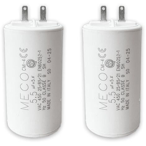 Lot de 2 – Condensateurs 5,5 µF V2 – Pour moteur de volet roulant ou store – Compatible SOMFY, SIMU, NICE – 2 fils avec connecteur – Fond plat – 450V – Composants longue durée