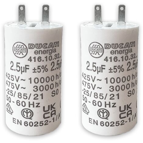 Lot de 2 – Condensateurs 2,5 µF pour moteur tubulaire de volet roulant ou store – Compatible SOMFY, SIMU, NICE – 2 cosses Faston – 450V – 6Nm