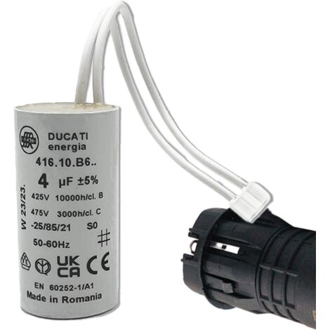 Condensateur 4 µF spécial volet roulant BUBENDORFF – 2 fils avec connecteur – Fond plat – 450V