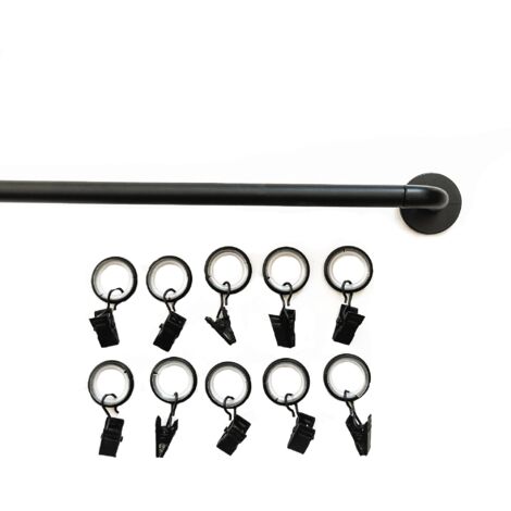 Kit de 2 barres de vitrage adhésives incurvées noires + 10 pinces noires avec anneaux – Fixation sans perçage – Pour voilages sur fenêtres et portes vitrées