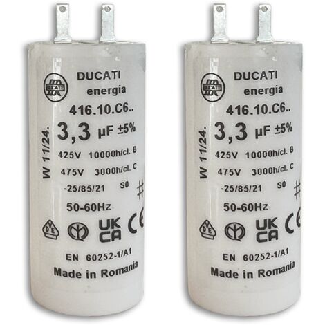 Lot de 2 – Condensateurs 3,3 µF pour moteur de volet roulant ou store – Compatible SOMFY – Forme cylindrique – 2 cosses Faston 2,8 mm – 450V – Remplacement haute qualité