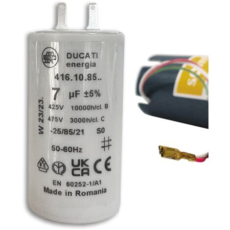Condensateur 7 µF 450V – Cylindrique avec 2 cosses Faston 2,8 mm – Pour moteurs de volets roulants SOMFY, SIMU, NICE