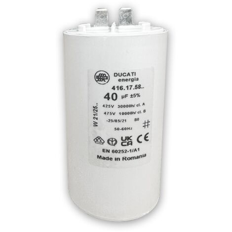 Condensateur 40 µF à cosses Faston – Pour moteur électrique – Format cylindrique – Haute fiabilité – Fixation simple