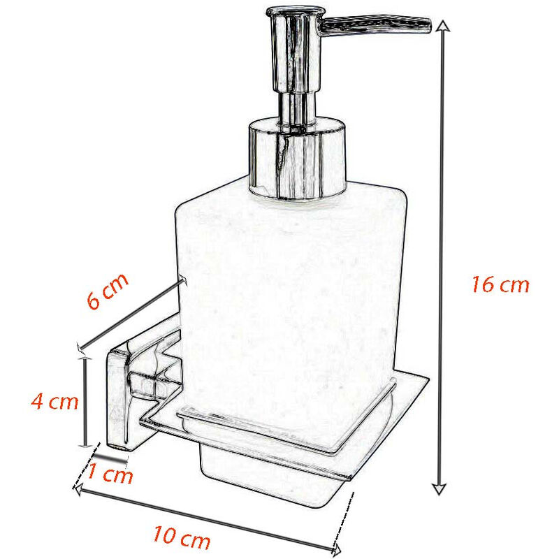 Dispenser sapone moderno da muro in acciaio lucido e vetro satinato16 cm  fissaggio con viti accessori