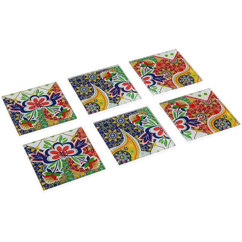 Set 6 sotto bicchieri in vetro da tavola quadrati con decorazione floreale  10x10 cm