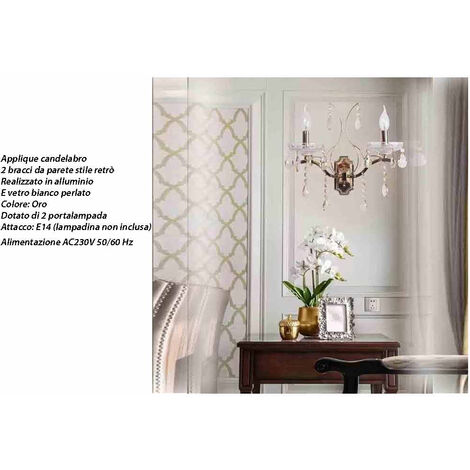 Applique A Candelabro 2 Bracci Con Gocce Di Cristallo Acrilico, Attacco E14, Oro E Argento, Stile Retrò Per Parete