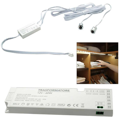 Kit 2 sensori interruttore per strip led armadi mobili sensore per luci con alimentatore 12V 24V 60 watt