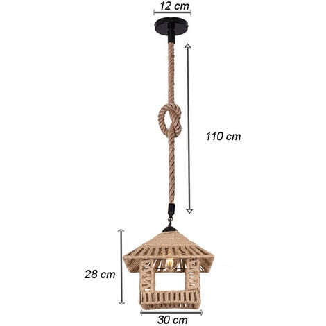 Lampadario a sospensione con paralume a cono in corda di canapa