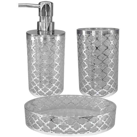 Set Accessori Bagno 3 Pezzi argento stile barocco con Dispenser Sapone  Bicchiere portaspazzolino piattino portasapone