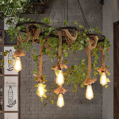 Lampadario A Sospensione In Corda Di Canapa - Stile Industriale Vintage, 6 Portalampade E27 (Senza Lampadina) - Foto 8