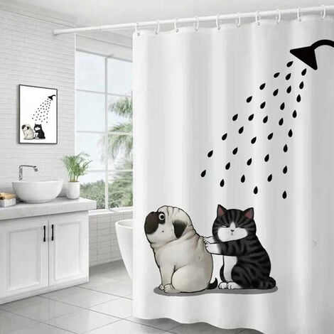 Tenda per doccia vasca da bagno impermeabile pvc 12 ganci decorata con cane  e gatto 200x180 cm