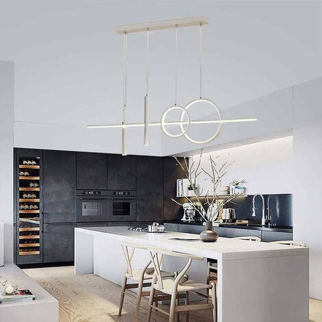 Lampadario a sospensione decorativo con anelli e punto luce di forma cilindrica bianca a luce calda 3000k