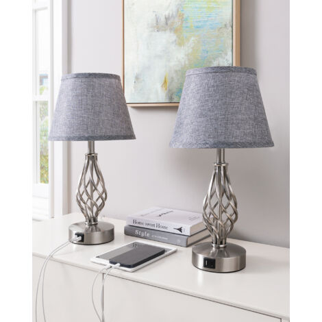 EDISHINE Lámpara de noche, juego de 2, lámpara de mesa con puertos USB A+C, pantalla gris