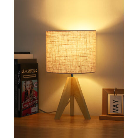 EDISHINE Paquete de 2 Unidades Lámparas de Noche de Madera, H36cm Lámpara de Mesa Trípode con Casquillo E27, Pantalla de Lino Vintage para Dormitorio Decorativo, Sala de Estar, Regalo, Beige