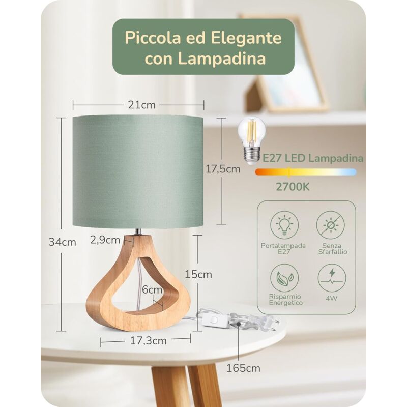 EDISHINE Lampada Da Tavolo Moderna In Legno E Lino Con Lampadina LED Inclusa (2700K) - Luce Calda Per Comodino, Soggiorno O Ufficio (H34 Cm) - 2