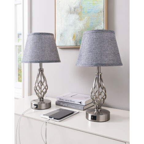 EDISHINE Lampada da comodino, set da 2, lampada da tavolo con porte USB A+C, paralume grigio