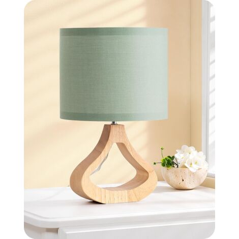 EDISHINE Lampada da comodino, lampadina LED E27 da 4W inclusa, 2700K luce bianca calda, paralume verde mandorla in lino e base in legno tinto rovere chiaro