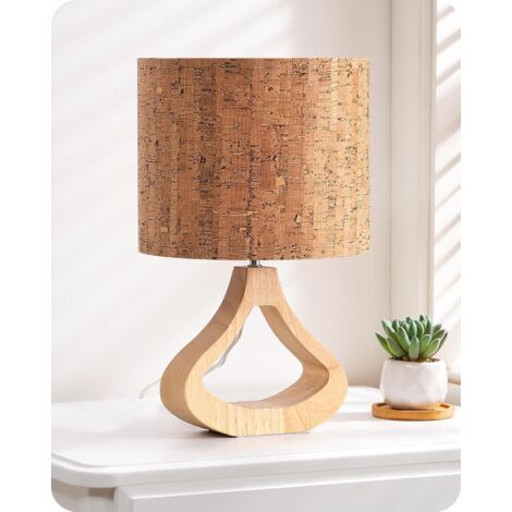 EDISHINE Lampada da comodino, lampadina LED E27 da 4W inclusa, 2700K luce bianca calda, paralume in corteccia naturale e base tinta rovere chiaro