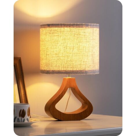 EDISHINE Lampada da comodino, lampadina LED E27 da 4W inclusa, 2700K luce bianca calda, paralume in lino e base in legno massello tonalità rovere medio