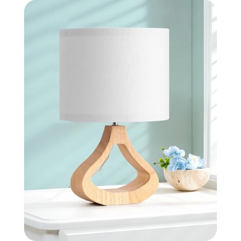 EDISHINE Lampada da comodino, lampadina LED E27 da 4W inclusa, 2700K luce bianca calda, paralume bianco in lino e base in legno tinto rovere chiaro