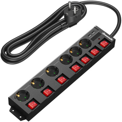 DEWENWILS 6-fach Steckdosenleiste mit USB und Schalter, 3 m Kabel, 90° gedreht, Schwarz