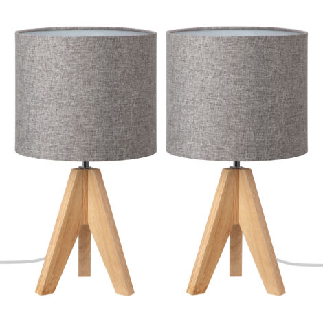 EDISHINE 2er Set Nachttischlampe aus Holz, E27 Fassung, Leinenschirm, Stativ Tischlampe Grau