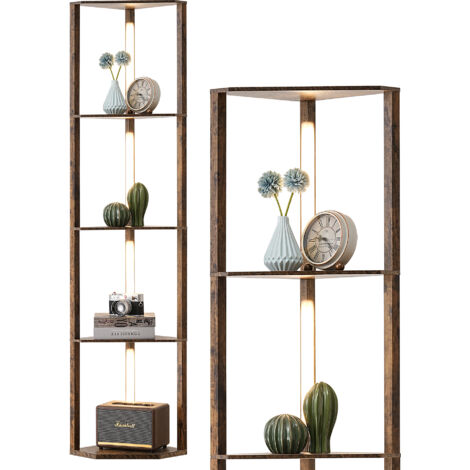 EDISHINE Stehlampe mit 4 Holz-Regal, LED Dimmbar Stehleuchte 3-Farbtemperatur mit 360° Drehbarer Lichtmast, Fußschalter, Braun
