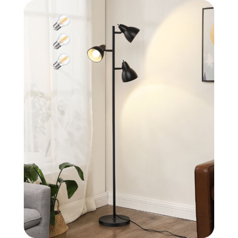 EDISHINE Stehlampe Wohnzimmer, 3-flammige Standleuchte Schwarz, mit E27 LED-Glühbirne, Schwenkbare Stehleuchte mit Individuellen Schalter