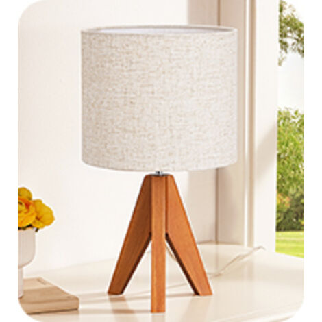 EDISHINE Tischlampe Holz, Nachttischlampe mit E27 Fassung, H36cm, Stativ Vintage Landhaus, Leine Lampenschirm Beige, Orangefarbenes Holz