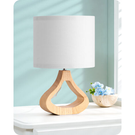 EDISHINE Nachttischlampe Holz, E27 Fassung mit 2700K LED-Birne, H34 cm, Tischleuchte mit Leinen-Lampenschirm und Holzsockel in Flaschenform, Weiß