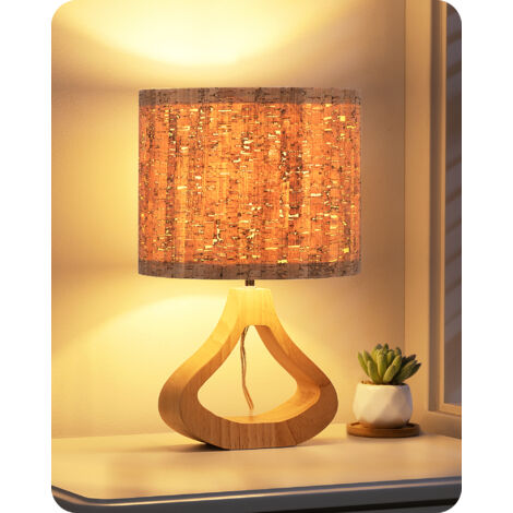 EDISHINE Nachttischlampe Holz, E27 Fassung inkl. LED-Birne, H34 cm, 2700K Warmweiß, Tischleuchte mit Lampenschirm in Rindenoptik und Holzsockel in Flaschenform, Korkbraun