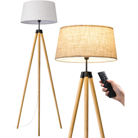 EDISHINE Stehlampe Wohnzimmer Dimmbar, Stehleuchte Boho mit Stativ aus Holz, inkl. E27 LED Glühbirne & Fernbedienung, Vintage Lampenschirm-Leinen, Leselampe für Esszimmer & Kinderzimmer