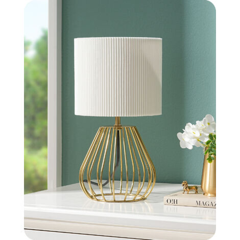EDISHINE Nachttischlampe, Cremeweißer Plissee-Lampenschirm und Metallsockel in Tropfenform, Höhe 29 cm, 2700K Warmweiß, E14 Fassung inkl. 4W LED-Leuchtmittel, Tischlampe Modern für Wohnzimmer