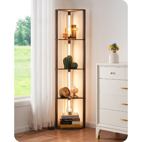 EDISHINE Stehlampe mit 4 Holz-Regal, Standleuchte Wohnzimmer, LED Dimmbar Stehleuchte 3-Farbtemperatur, Leselampe mit 360° Drehbarer Lichtmast