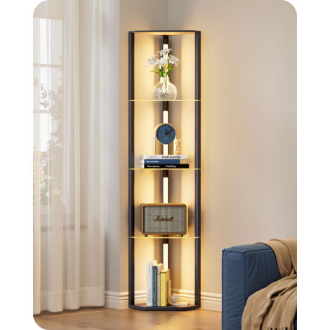 EDISHINE Stehlampe Wohnzimmer Holz, Retro Stehlampe mit 4 Regalen aus Glas, dimmbar & 3 Farbtemperaturen, 20W 360°drehbare LED-Stangen