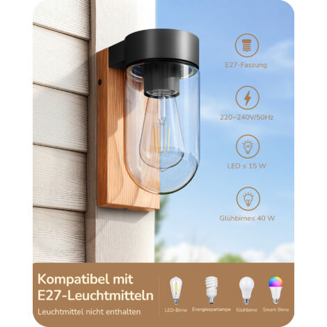 EDISHINE Wandleuchte Außen, Wandlampe mit Klarglas, rostfreiem Aluminium in Holzoptik, IP44 Außenleuchte mit E27-Fassung für Terrasse, Vordach und Garten, 20×8,2×13,5 cm, ohne Leuchtmittel