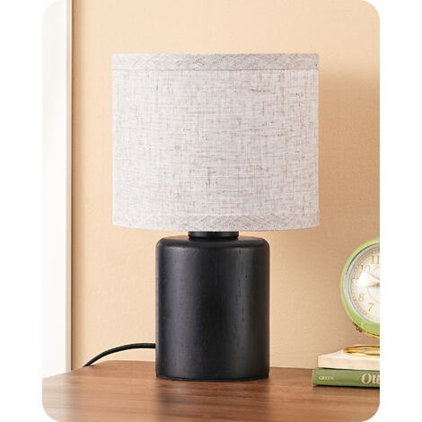 EDISHINE Tischlampe Holz, LED Nachttischlampe mit schwarzem Massivholzsockel & sandfarbenem Leinen-Lampenschirm, E27 kompatibel, Höhe 30 cm, inkl. 4W LED-Leuchtmittel