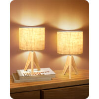 EDISHINE 2er Set LED Tischlampe Holz mit Leinen-Lampenschirm, Nachttischlampe mit E27 Fassung, inkl. 4W Leuchtmittel, H36cm, Beige