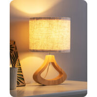 EDISHINE Nachttischlampe aus Holz mit E27 Leuchtmittlel, H34cm, 2700K Warmweiß, Tischlampe mit Lampenschirm aus Leinen, Beige