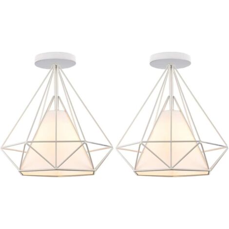 2 Piezas STOEX Lámpara de Techo Retro Jaula de Diamante 25cm Industrial Metal Hierro Luz Colgante E27 para Salón Dormitorio Pasillo Bar (Blanca)