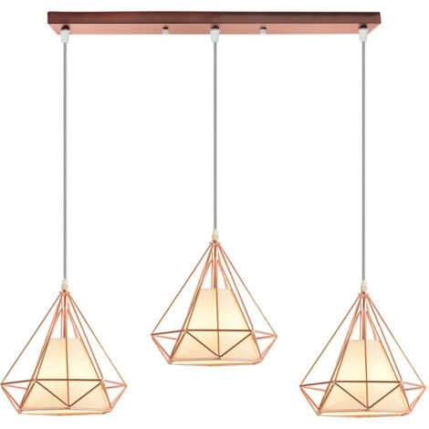 STOEX Industrial Lámpara de Suspensión Abajur de Jaula Diamante Lámpara Colgante Altura Ajustable para Salón Cocina - 3 Luces Oro Rosa