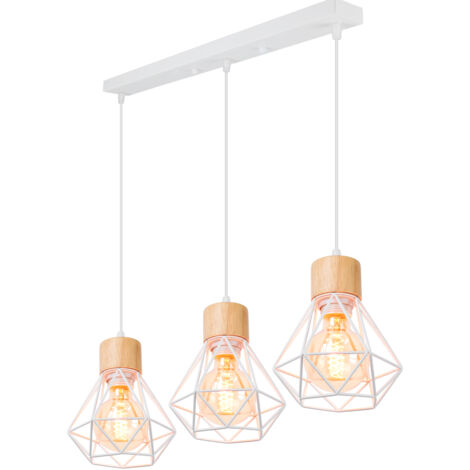 Lámparas de Techo 3 Focos Stoex Industrial Madera Metal Lámpara Colgante Vintage Diamantes Jaula para Sala de Estar Cocina Dormitorio E27 - Blanca