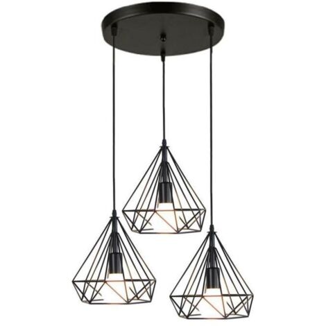 3 Luces Industrial Lámpara Colgante Metal Hierro Lámparas de Techo Moderna Abajur de Jaula Diamante para Pasillo Salón Dormitorio (Negro)
