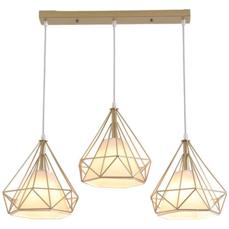 STOEX Industrial Lámpara de Suspensión Abajur de Jaula Diamante Lámpara Colgante Altura Ajustable para Salón Cocina - 3 Luces Dorado