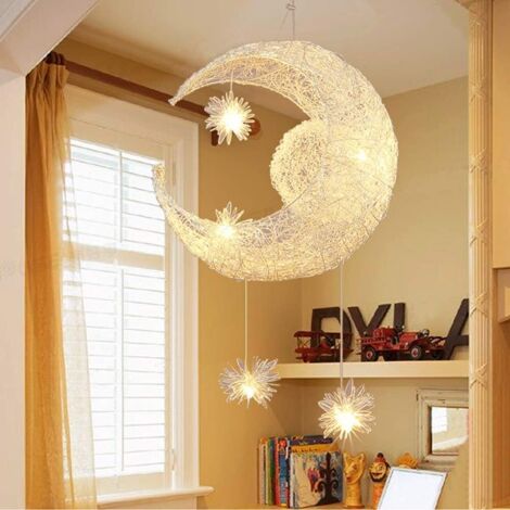Lámpara de Techo Moderno Luna Estrellas Luz Colgante para Niños - 5 Luces LED 40CM Luz Cálida para Dormitorio Infantil Salón