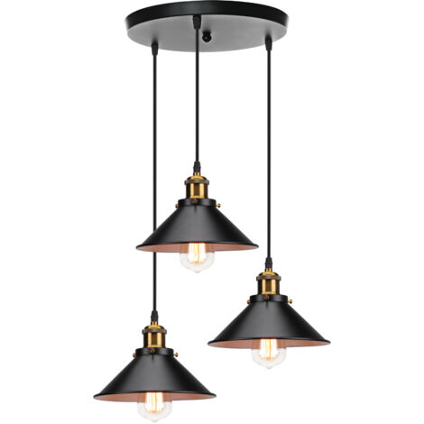 3 Focos Industrial Lámparas de Techo Metal Hierro Lámpara Colgante E27 Altura Ajustable para Sala de Estar Dormitorio Restauarante (Negro, 22cm)