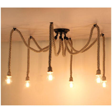 6 Cabezales Retro Lámpara de Suspensión de Araña con Cuerda de Heno, E27 DIY con 2m Longitud Ajustable para Dormitorio, Restaurant,Bar (Sin Bombilla) (1/4)