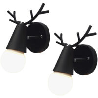 2x Aplique de Pared Moderna Creativa Lámpara de Pared Madera Cuerno de Ciervo Hierro E27 para Dormitorio, Salón, Dormitorio Infantil, Pasillo(Negro)