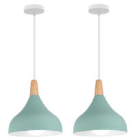 2 Piezas Lámparas de Techo Nórdico Moderno Lámpara de Suspensión Metal Redondo con Acabado en Madera E27 para Salón Cocina Dormitorio (verde)